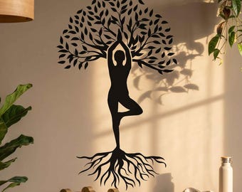 Yoga Tree of Life Wall Sticker, Woman Silhouette Decal, Meditation Room Decor, Spiritual Wall Art, Boho Yoga Studio Vinyl Decal