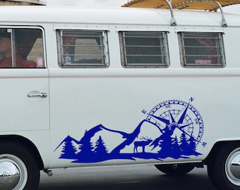 Berg Kompass Camper Aufkleber für RV Van Travel Trailer Vinyl Aufkleber Outdoor Wald Abenteuer Szene Wildnis Natur Road Trip Kunst