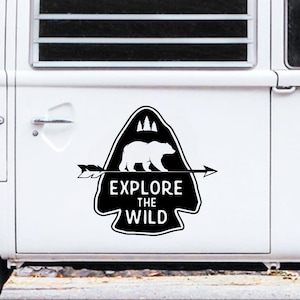 Explore the Wild Camper Decal for Caravan RV Trailer Vinyl Sticker Bear Arrow Forest Adventure Quote Outdoor Camping Travel Graphic