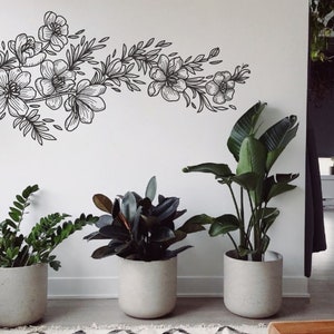 Floral Branch Vinyl Wall Decal Elegant Botanical Line Art Sticker for Living Room Bedroom Entryway Modern Nature Inspired Decor Flower Decal