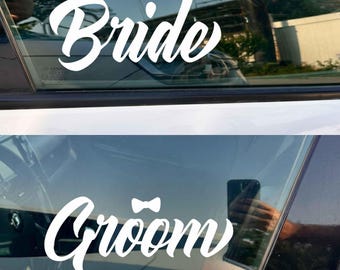 Bride Groom Car Window Decal Set, Crown Bow Tie Sticker, Wedding Car Decoration, Just Married Vinyl Sticker, Bridal Shower Gift