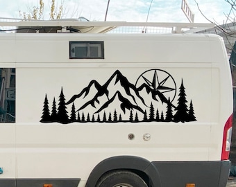 Compass Mountain Forest Decal Van Life RV Camper Adventure Vinyl Sticker Art Trailer Car Outdoor Camping Decor Big Sticker Caravan Gift