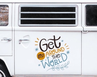 Get Lost Find Yourself Camper Aufkleber für RV Van Travel Trailer Vinyl Aufkleber Abenteuer Zitat Weltkarte Outdoor Wanderlust Road Trip