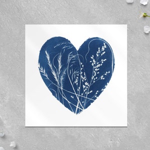 May include: A blue cyanotype print of a heart shape with white silhouettes of grasses and flowers inside.