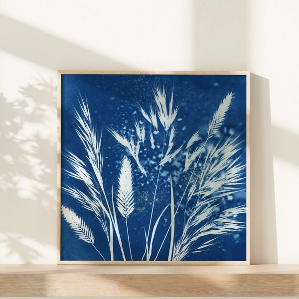 Nature Inspired Wall Art: Botanical Cyanotype | Navy Blue Earthy Room Decor | Wildflower Square Print | Bookshelf Gift | Cottagecore Forest