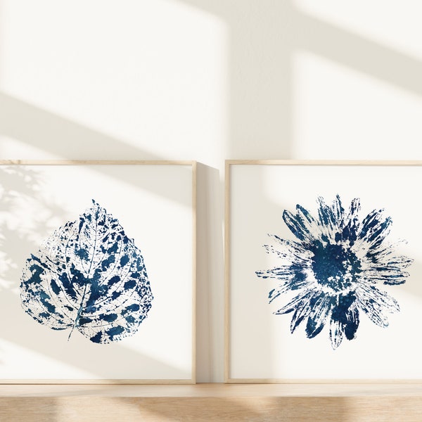 Blue Sunflower Print: Botanical Gift for Nature & Plant Lover, Garden Wildflower, White Flower Set of 2, Aesthetic Home Office Room Decor