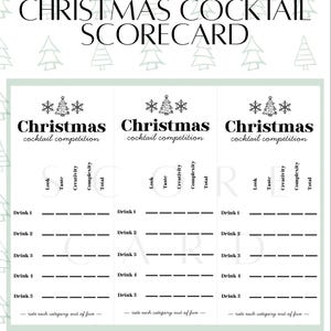 Puede incluir: Una tarjeta de puntuación de cócteles navideños imprimible con un borde verde claro y árboles de Navidad decorativos. La tarjeta incluye secciones para calificar cócteles en apariencia, sabor, creatividad y complejidad. El texto "Christmas Cocktail Scorecard" está en la parte superior.