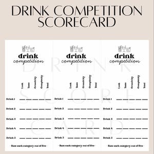 May include: A cream-coloured drink competition scorecard with the text "DRINK COMPETITION SCORECARD" at the top. The scorecard has sections for rating drinks on look, taste, creativity, and complexity.