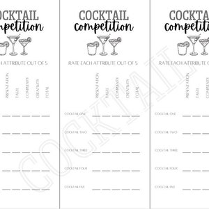 Cocktail competition score card, cocktail competition score sheet, party activity
