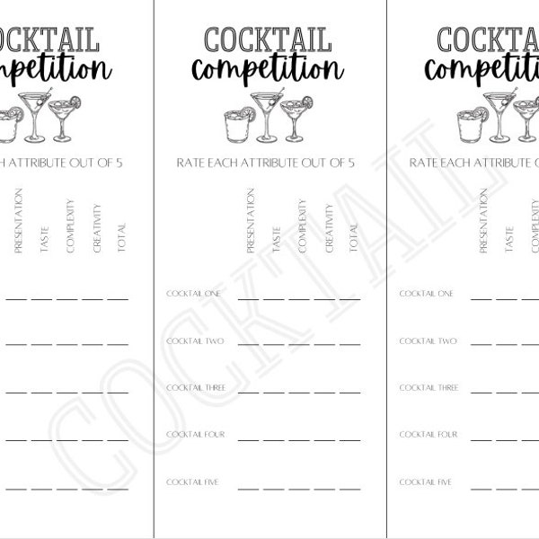 Cocktail competition score card, cocktail competition score sheet, party activity