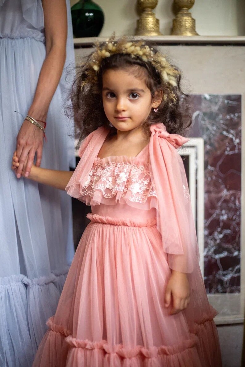 MAYA Blush Pink Tulle and Lace Flowegirl Gown. Custom Junior Bridesmaid