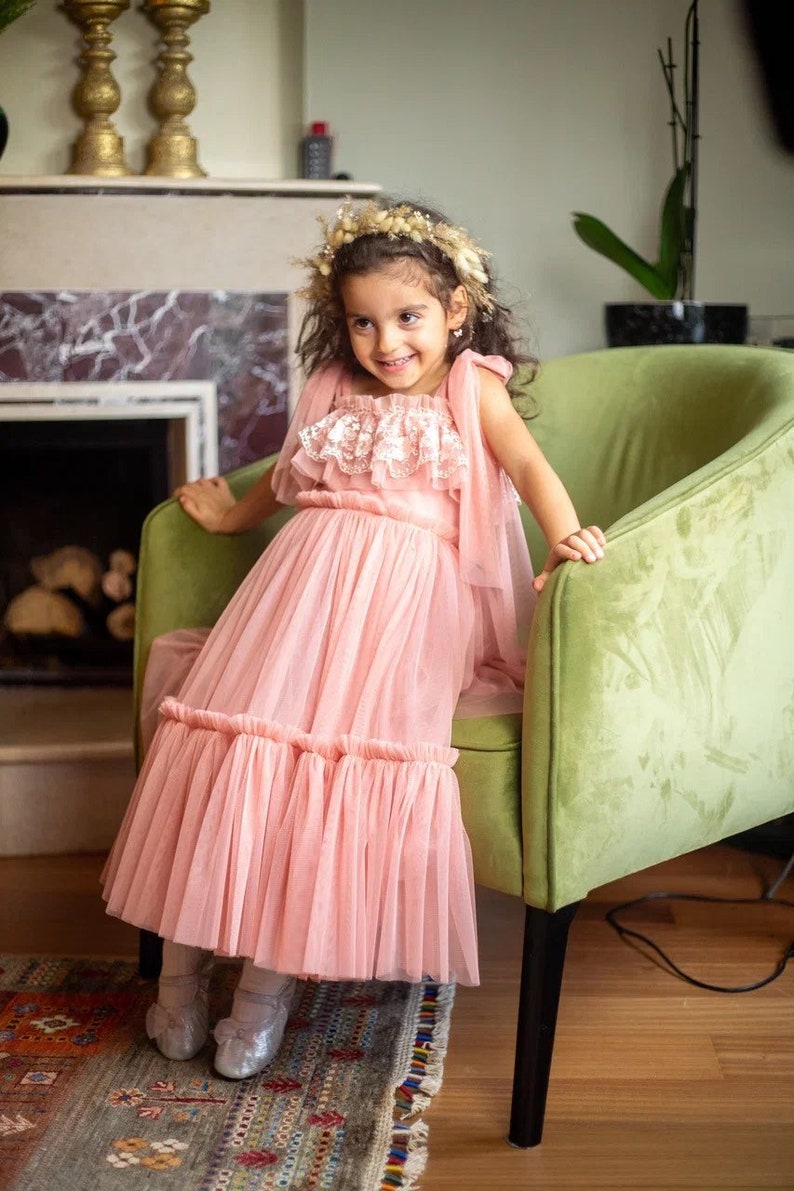 MAYA Blush Pink Tulle and Lace Flowegirl Gown. Custom Junior Bridesmaid