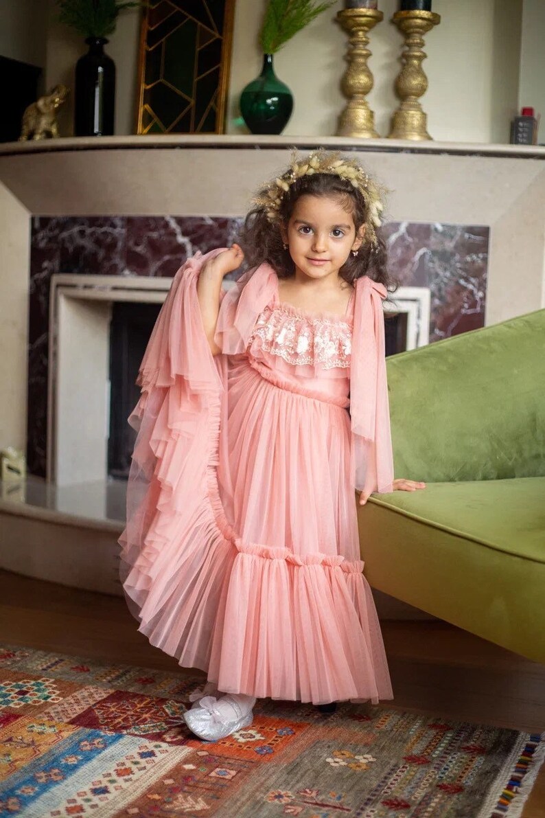 MAYA Blush Pink Tulle and Lace Flowegirl Gown. Custom Junior Bridesmaid