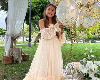 SERENA Boho Tulle Gown with Off-shoulder sleeves for Flower Girls, Junior Bridesmaids, Bridesmaids, Brides in custom color and size