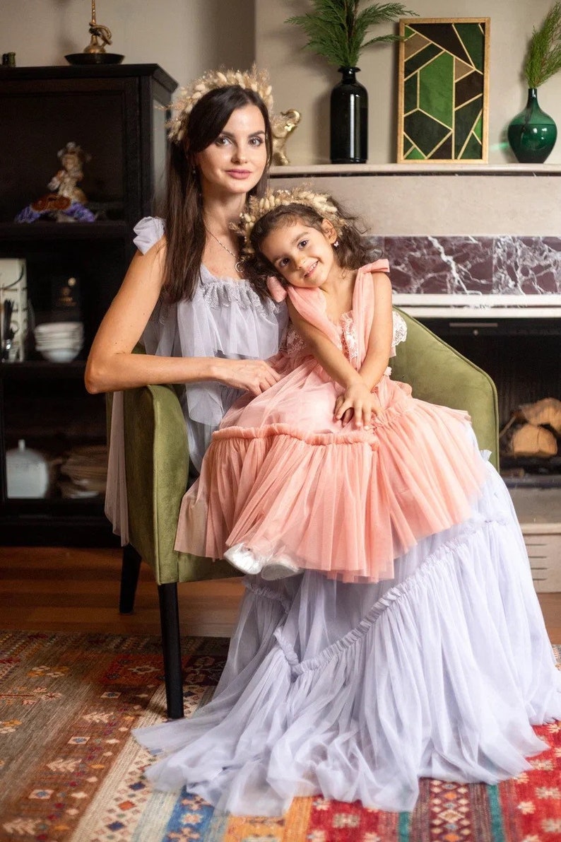 MAYA Blush Pink Tulle and Lace Flowegirl Gown. Custom Junior Bridesmaid