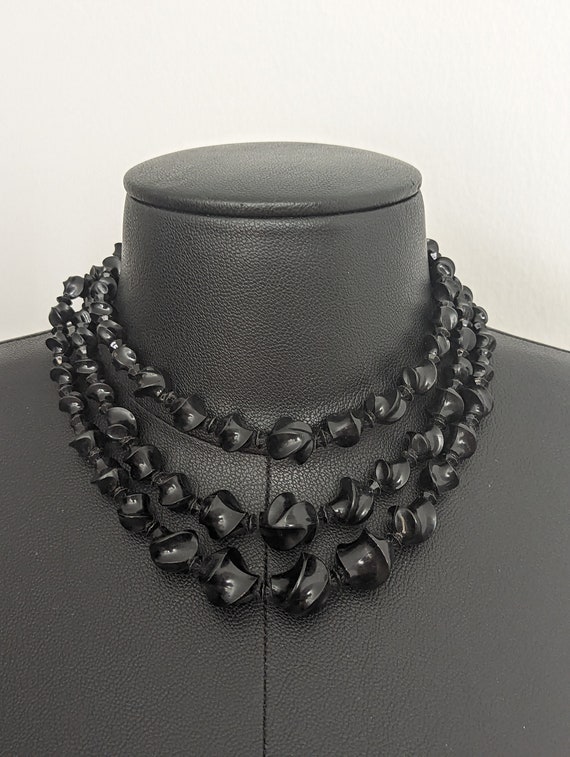 60s Black Beaded Three Strand Necklace