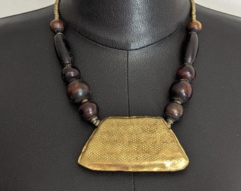 Vintage Golden Western Pendant with Wood Bead Necklace