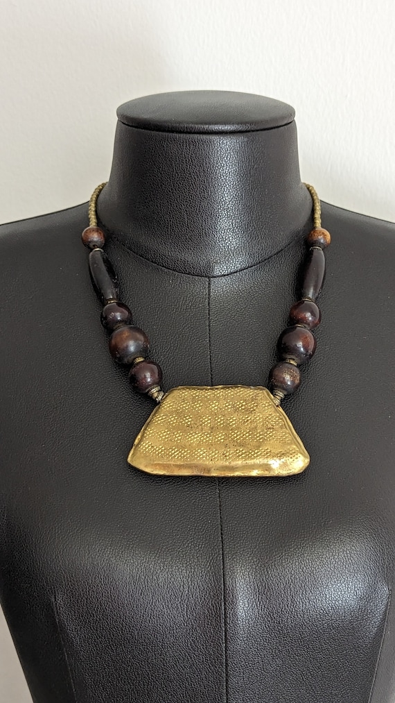 Vintage Golden Western Pendant with Wood Bead Neck