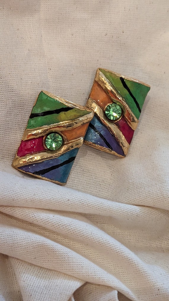 80s Artisan Rainbow Rectangle Earrings