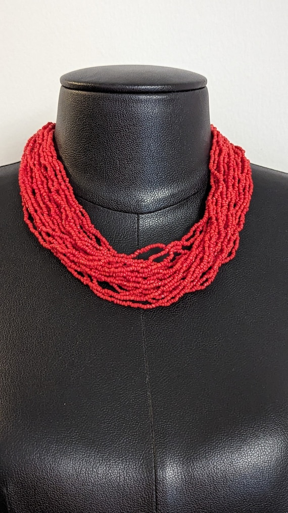 Vintage Multi Strand Beaded Necklace in Red Orange