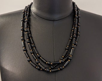 70s Multiple Strand Black Beaded Necklace