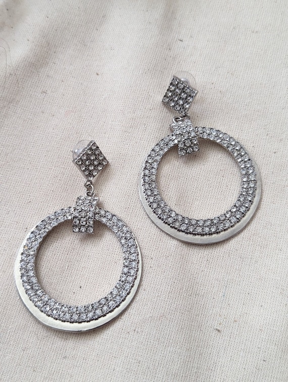 90s Rhinestone Hoop Dangle Earrings - image 1