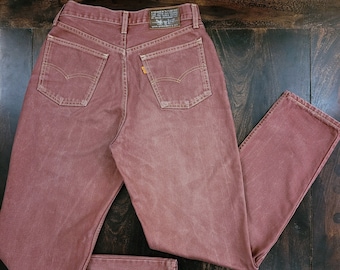 Vintage 90&#39;s Levi&#39;s dark pink burgundy 881 orange tab jeans
