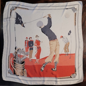 Foulard en soie vintage des années 70/80 avec un design de golf des années 30