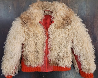 Vintage 70's kids curly lambskin shearling and red leather jacket Size 4-5y