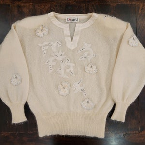 Vintage 80&#39;s Escada mohair sweater with floral embroidery, rhinestones and beads embellishments