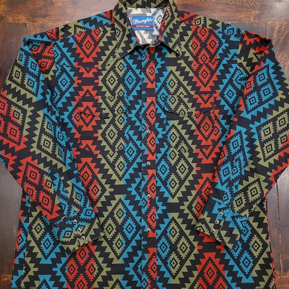 Vintage 80's 90's Wrangler Aztec Western Shirt XL Pearl Snap