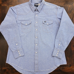 Vintage 80s Wrangler Chambray Pearl Snaps Western Shirt Made in USA 18 x 36 / L