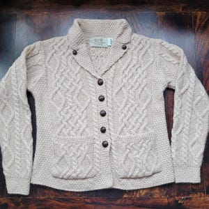 Collared Aran Cardigan 100% Merino Wool Women&#39;s M Fisherman Cardigan Made in Ireland