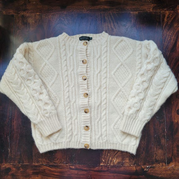 Vintage Aran Wool Cardigan Size S Blarney Woollen Mills Fisherman Sweater