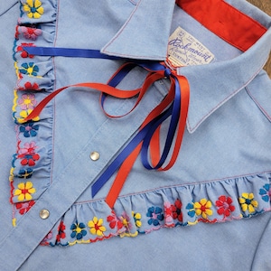 Vintage 70s Rockmount Ranch Wear Embroidered Frill Shirt Size S Western Ruffle Shirt 36