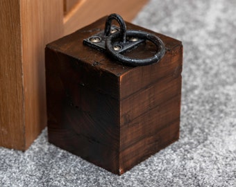 Rustic Reclaimed Door Stop with Aged Effect Black Steel Loop Handle/Dark Finish/Ring Handle/Reclaimed Wood/Home/Living/Rustic