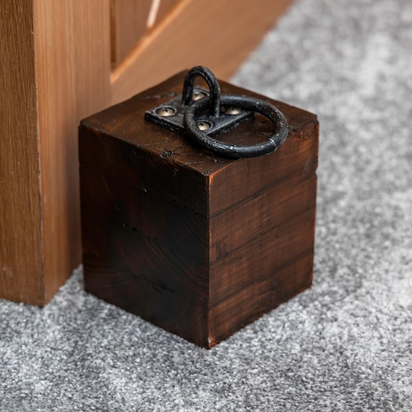 Rustic Reclaimed Door Stop with Aged Effect Black Steel Loop Handle/Dark Finish/Ring Handle/Reclaimed Wood/Home/Living/Rustic