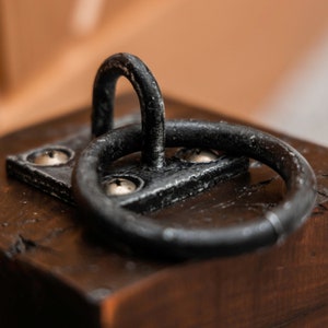 A close up image of the black metal ring on top of a dark wooden doorstop. The black metal ring is attached with four brass screws.