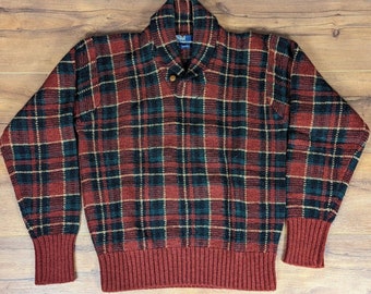 Vintage 80s Ralph Lauren Polo Plaid Wool Shawl Collar Sweater Medium