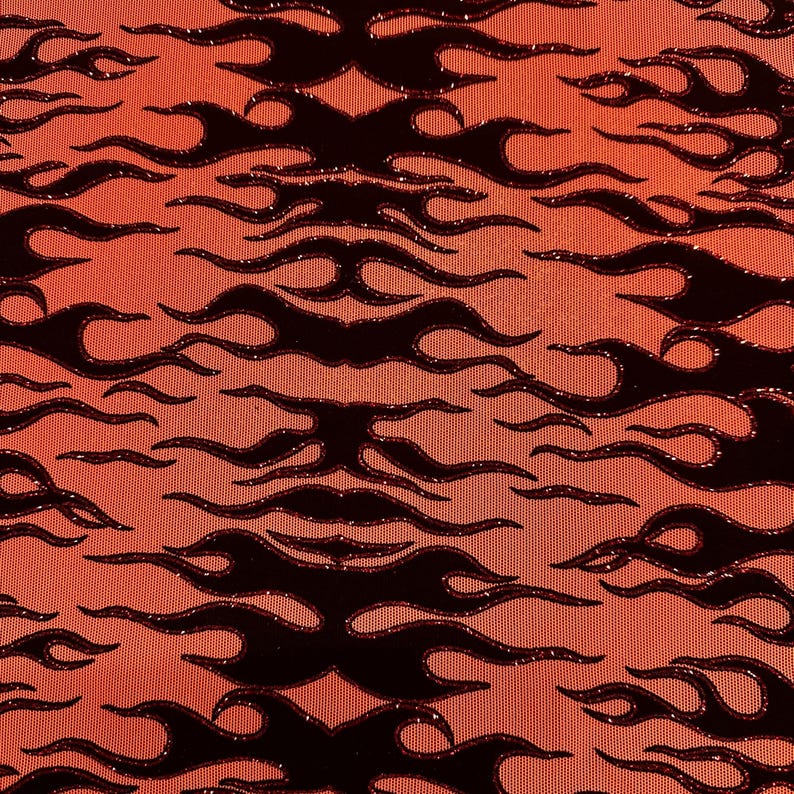 4 Way Stretch Power Mesh Fabric With Flame Flock Glitter| Spandex Palace Orange