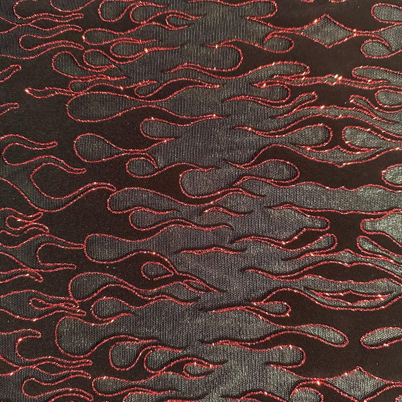 4 Way Stretch Power Mesh Fabric With Flame Flock Glitter| Spandex Palace " Showing Direction of Flame" Orange