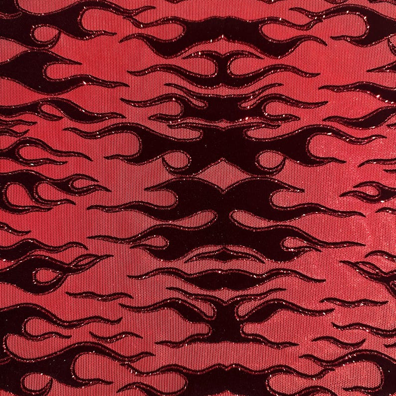 4 Way Stretch Power Mesh Fabric With Flame Flock Glitter| Spandex Palace Red