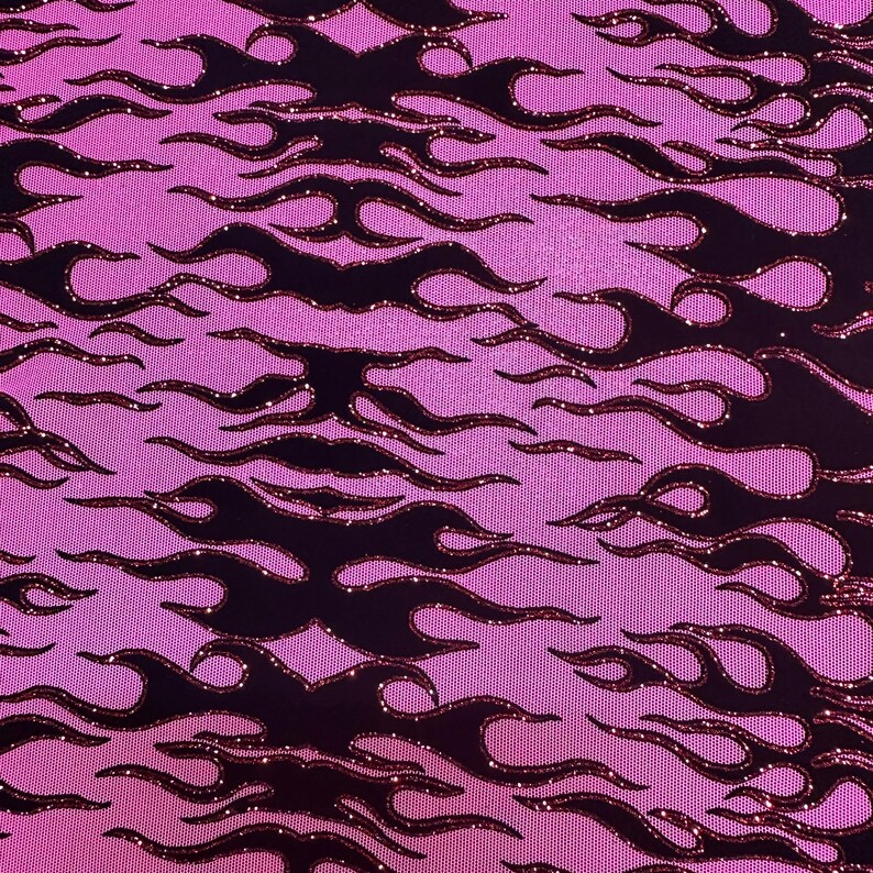 4 Way Stretch Power Mesh Fabric With Flame Flock Glitter| Spandex Palace Hot Pink