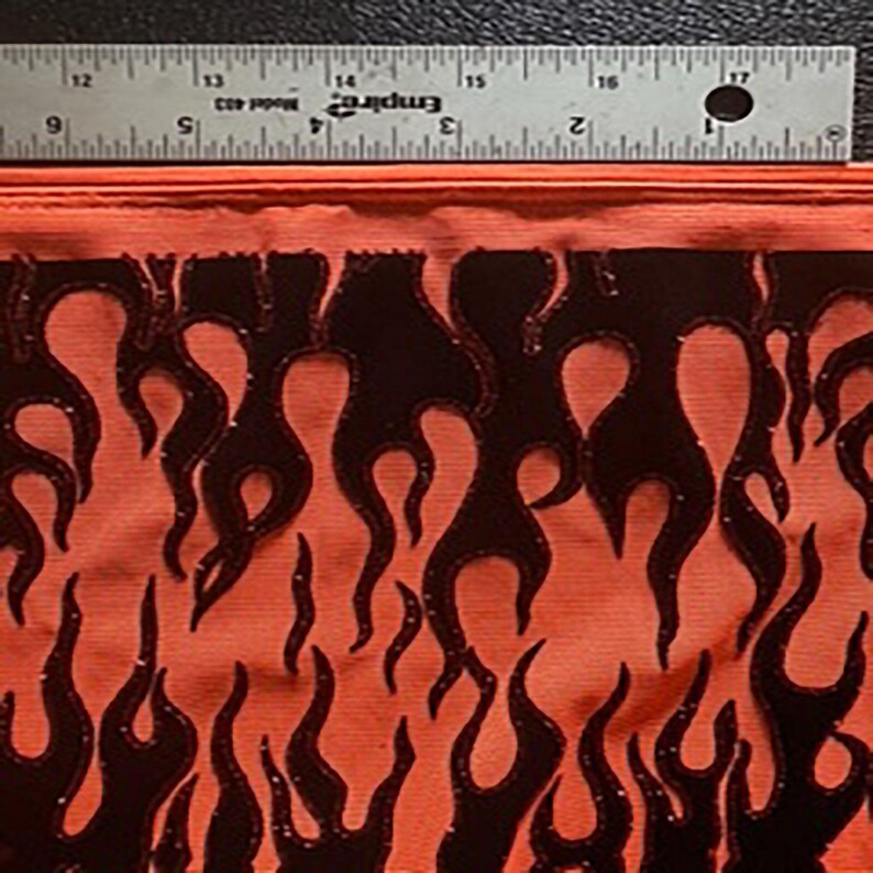 4 Way Stretch Power Mesh Fabric With Flame Flock Glitter| Spandex Palace " Showing Direction of Flame" Orange