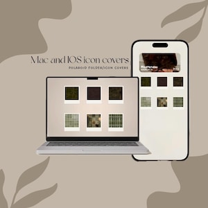May include: A laptop and smartphone display icon covers. The laptop shows six square images, while the phone displays a similar arrangement. The text "Mac and IOS icon covers" and "POLAROID FOLDER/ICON COVERS" are visible.