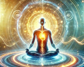 May include: A glowing, blue and orange, spiritual image of a person meditating in a lotus position. The person is surrounded by a swirling, colorful aura and geometric patterns.