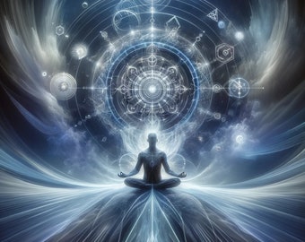 May include: A figure in a meditative pose sits in the center of a swirling blue and white mandala. The mandala is surrounded by a field of white light and a dark blue background.