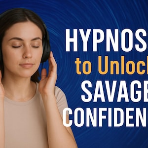Puede incluir: Una mujer con los ojos cerrados lleva auriculares y escucha audio. El texto de la imagen dice "HYPNOSIS to Unlock SAVAGE CONFIDENCE".