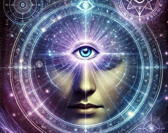May include: Digital art depicting a human face with a large, blue eye at the center, radiating light. The eye is surrounded by concentric circles and celestial symbols in shades of purple, blue, and gold, evoking a mystical theme.
