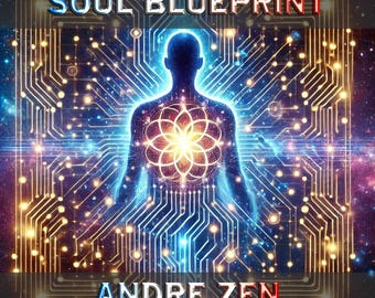 May include: A digital art print featuring a stylized human figure with a glowing geometric pattern in the center of its chest. The background is a blue and gold circuit board pattern. The text "SOUL BLUEPRINT" is at the top of the image and "ANDRE ZEN" is at the bottom.